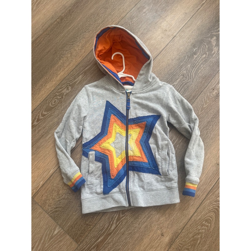 Mini Boden Kids Gray Star Applique Zip Up Hoodie Rainbow Cuffs Size 6-7Y